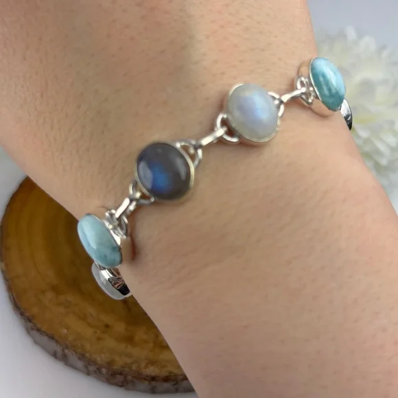 Multi Gemstone Bracelet Larimar Blue Labradorite Rainbow Moonstone Handmade 925 - Picture 2 of 9